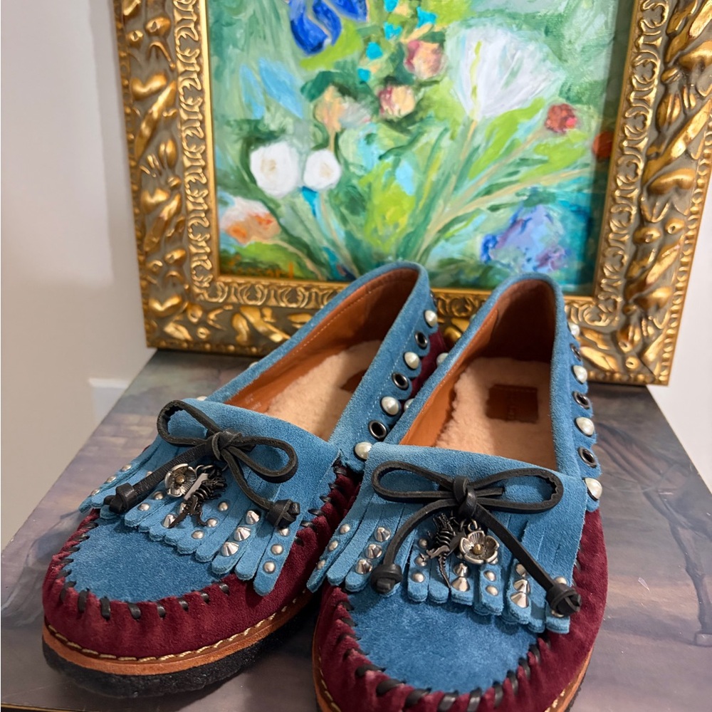COACH - “New” Blue and Burgundy Flats with Rexy Studded Details